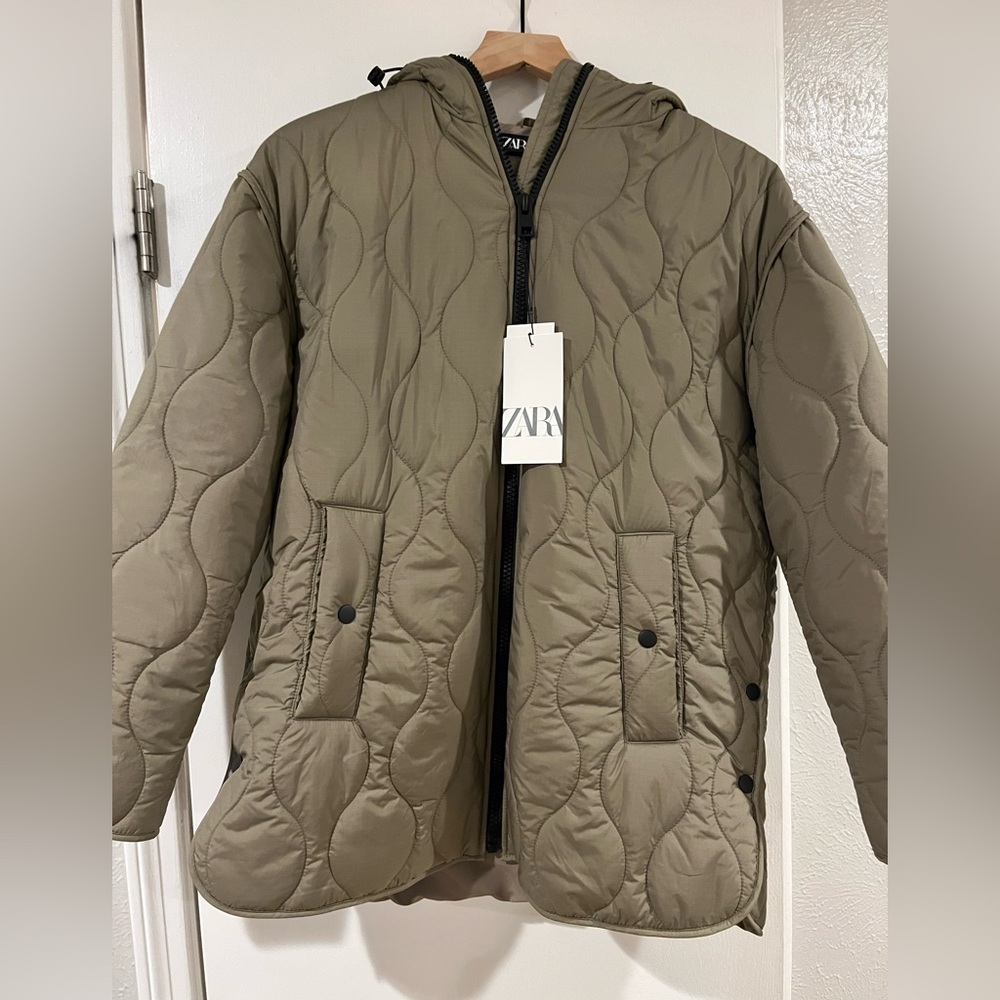 Zara Olive Quilted Hooded Jacket